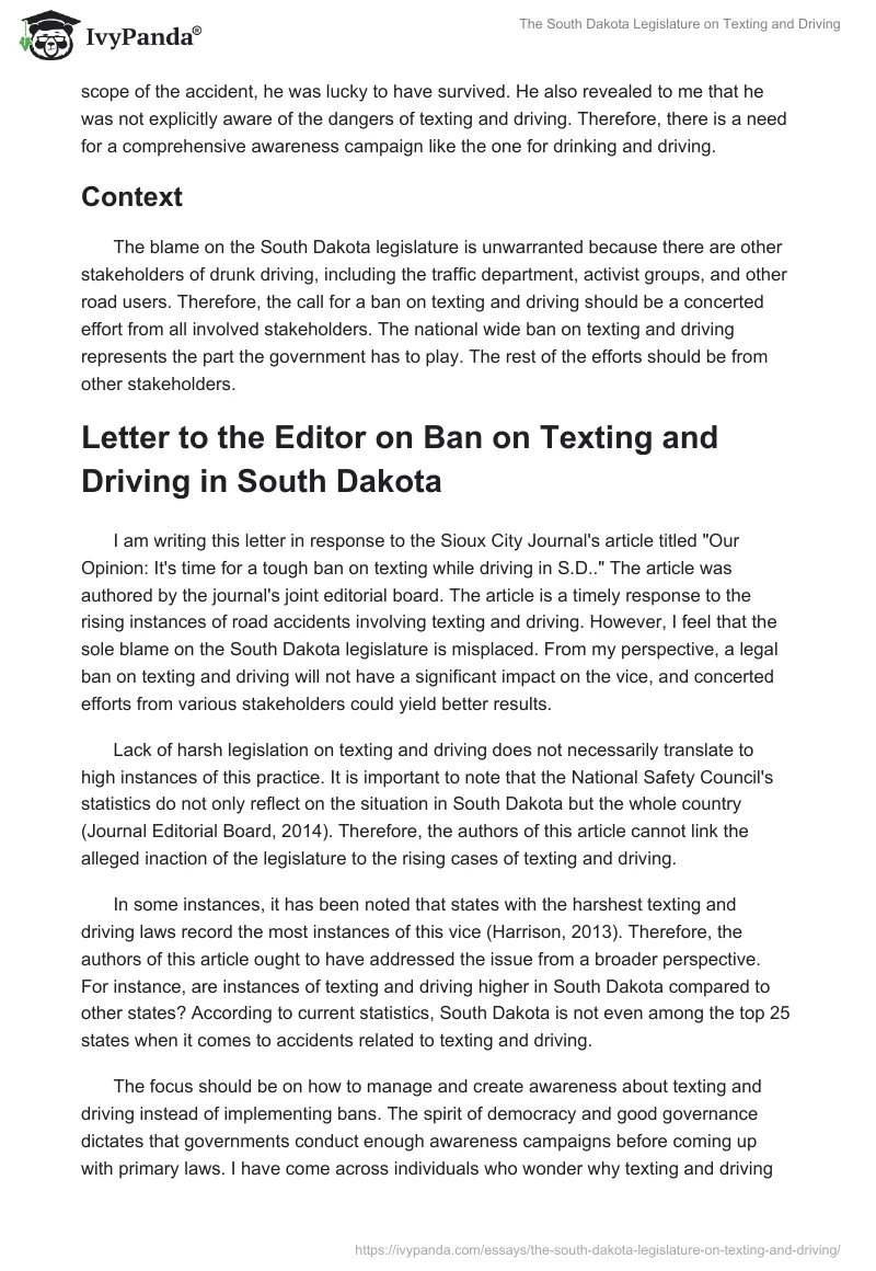 The South Dakota Legislature on Texting and Driving. Page 2