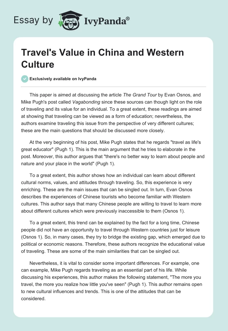 Travel's Value in China and Western Culture. Page 1