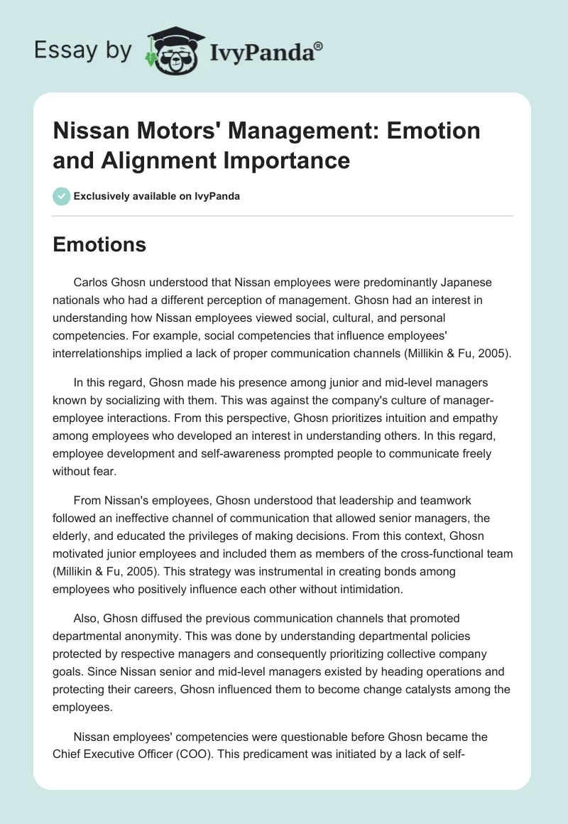 Nissan Motors' Management: Emotion and Alignment Importance. Page 1