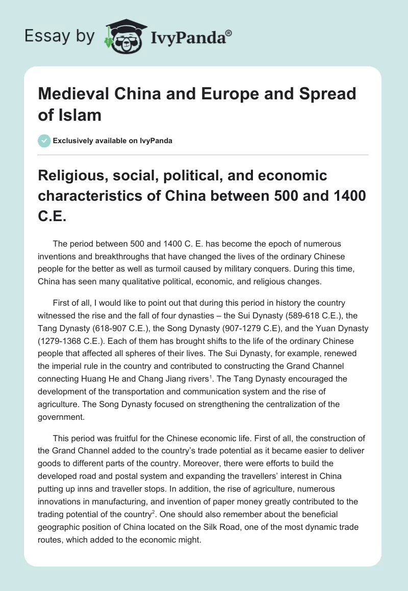 Medieval China and Europe and Spread of Islam. Page 1