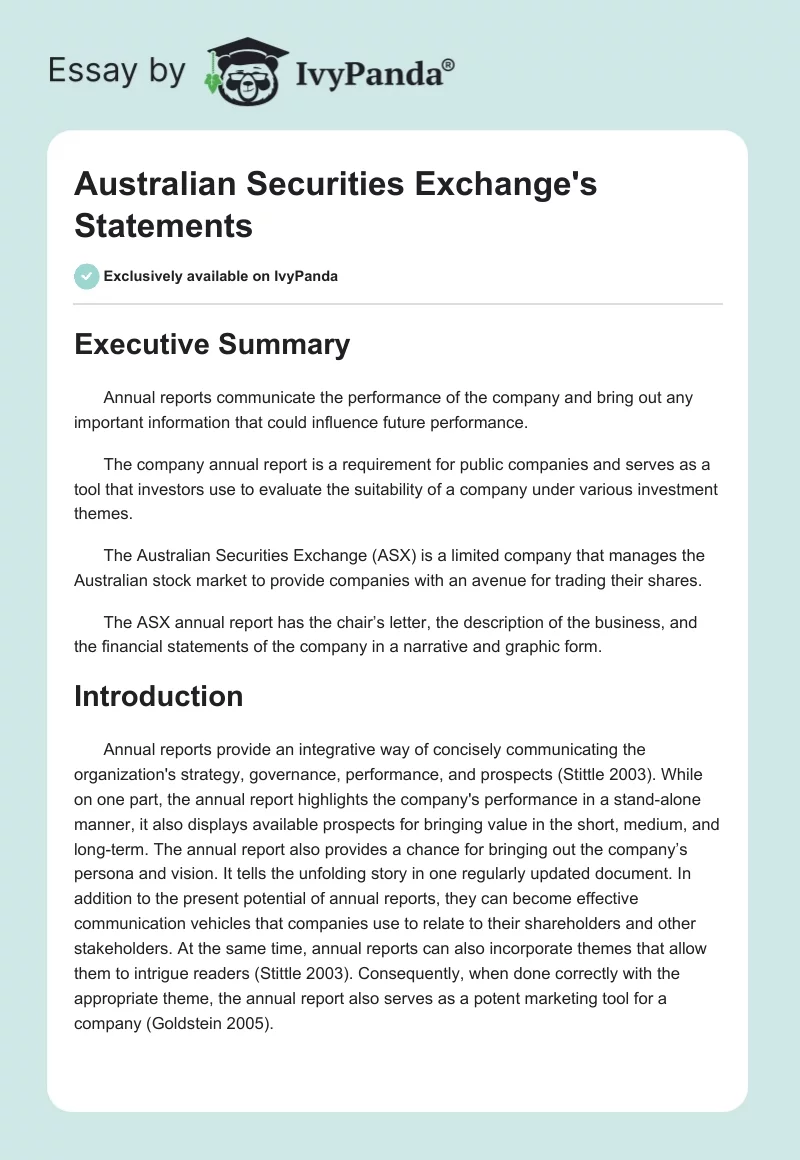Australian Securities Exchange's Statements. Page 1
