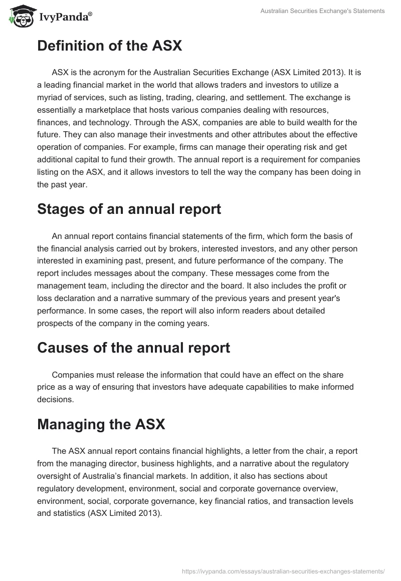 Australian Securities Exchange's Statements. Page 2