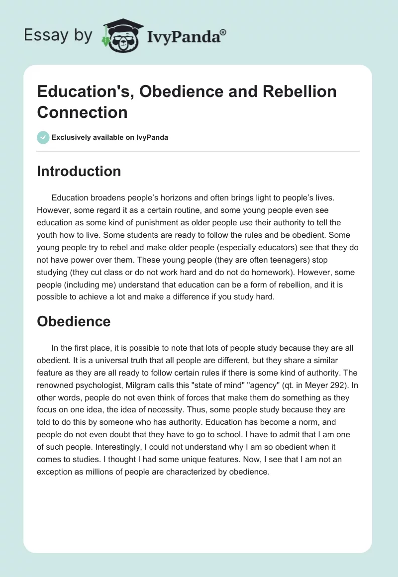 Education's, Obedience and Rebellion Connection. Page 1