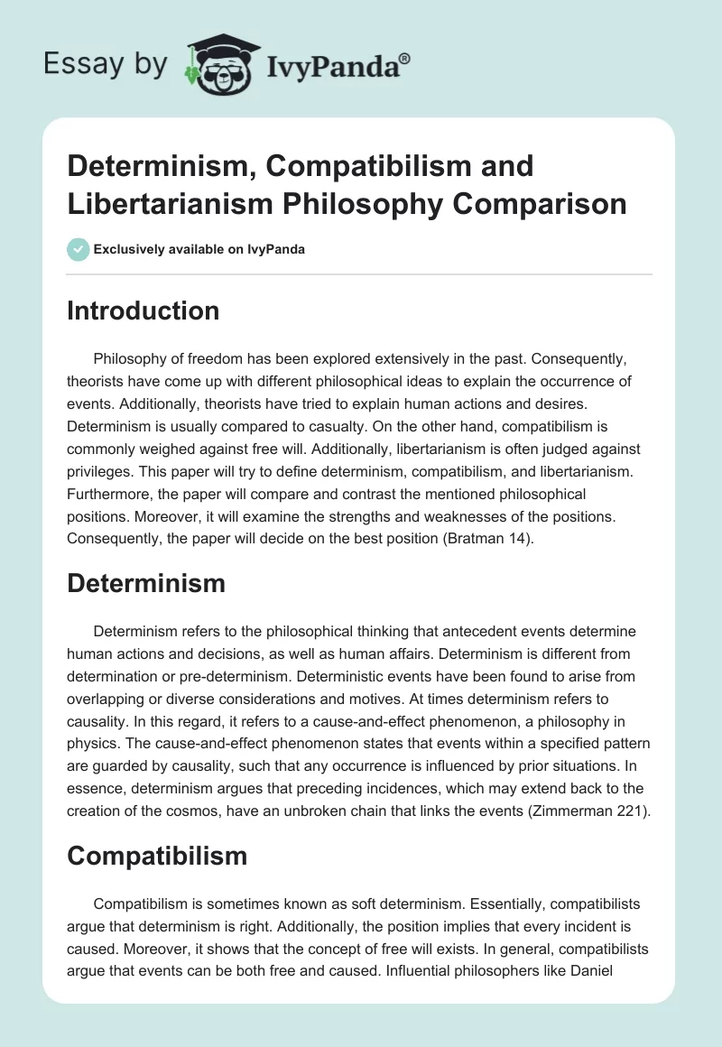 Determinism, Compatibilism and Libertarianism Philosophy Comparison. Page 1