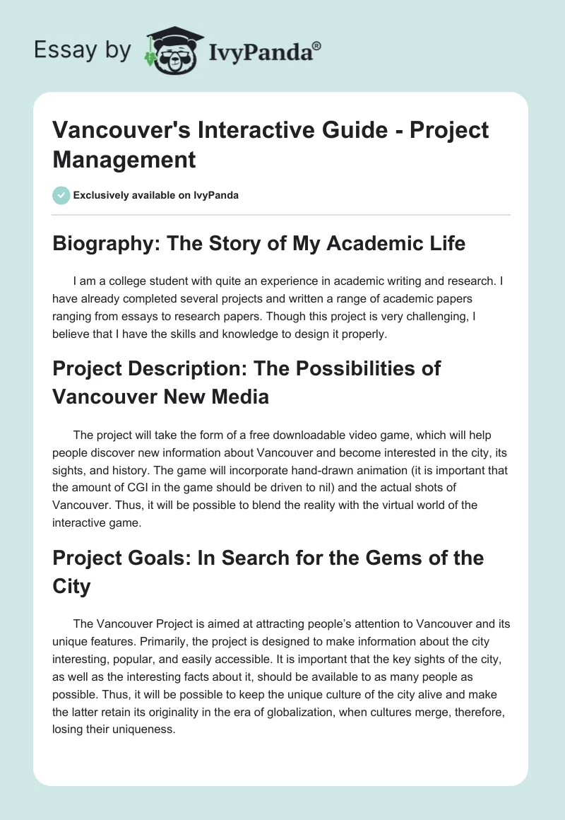 Vancouver's Interactive Guide - Project Management. Page 1