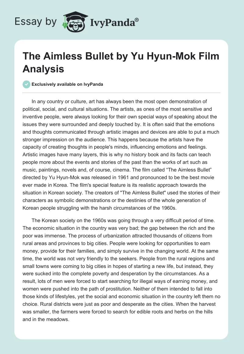 "The Aimless Bullet" by Yu Hyun-Mok Film Analysis. Page 1