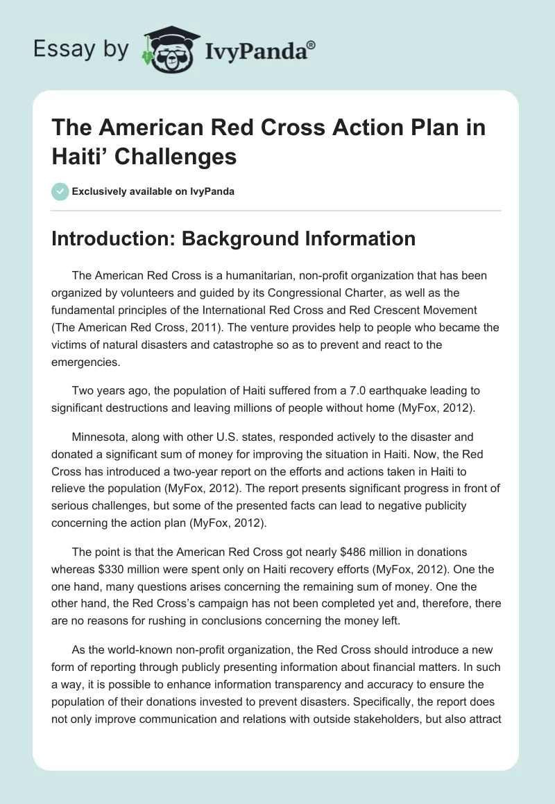 The American Red Cross Action Plan in Haiti’ Challenges. Page 1