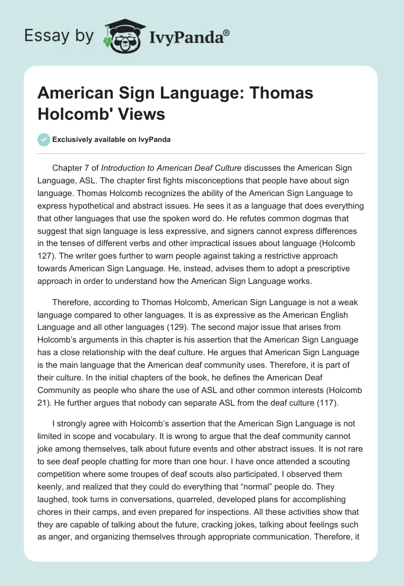 American Sign Language: Thomas Holcomb' Views. Page 1
