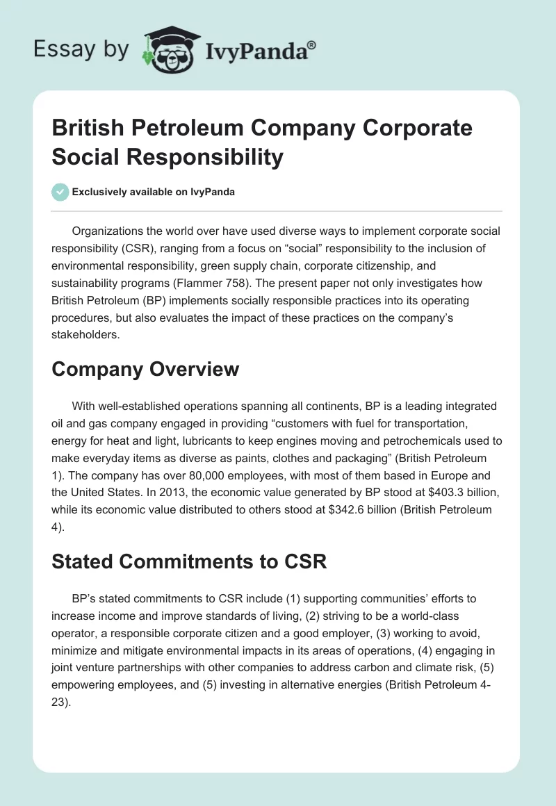 British Petroleum Company Corporate Social Responsibility. Page 1