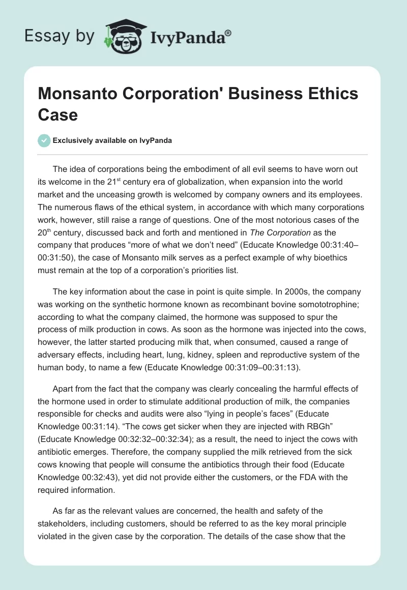 Monsanto Corporation' Business Ethics Case. Page 1