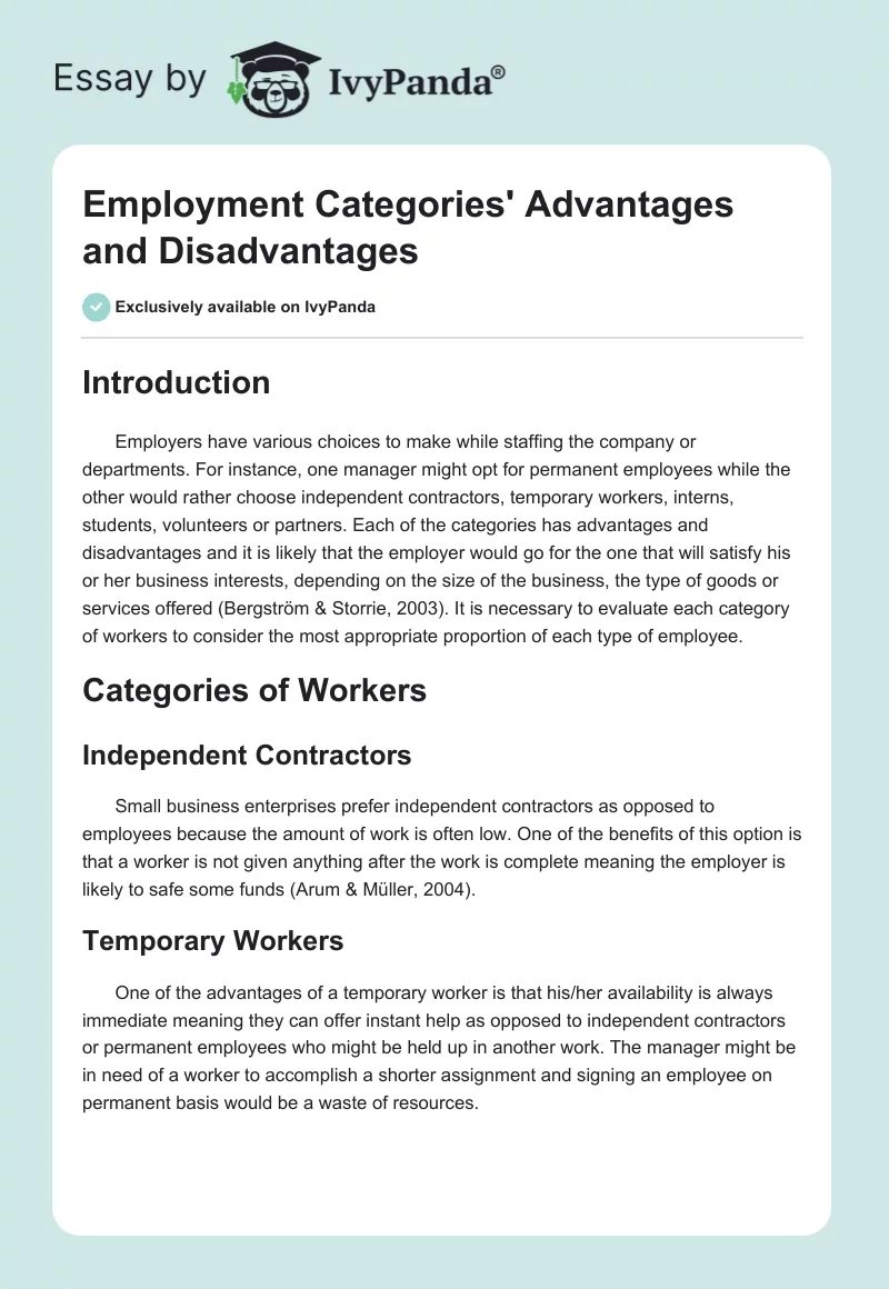 Employment Categories' Advantages and Disadvantages. Page 1