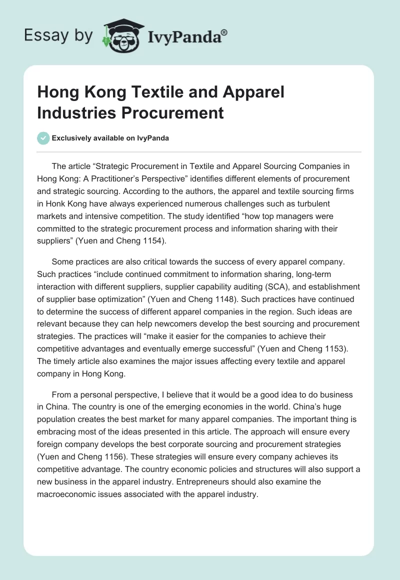 Hong Kong Textile and Apparel Industries Procurement. Page 1