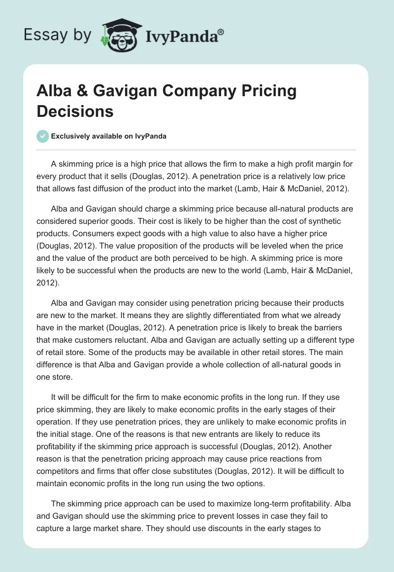 Alba & Gavigan Company Pricing Decisions. Page 1