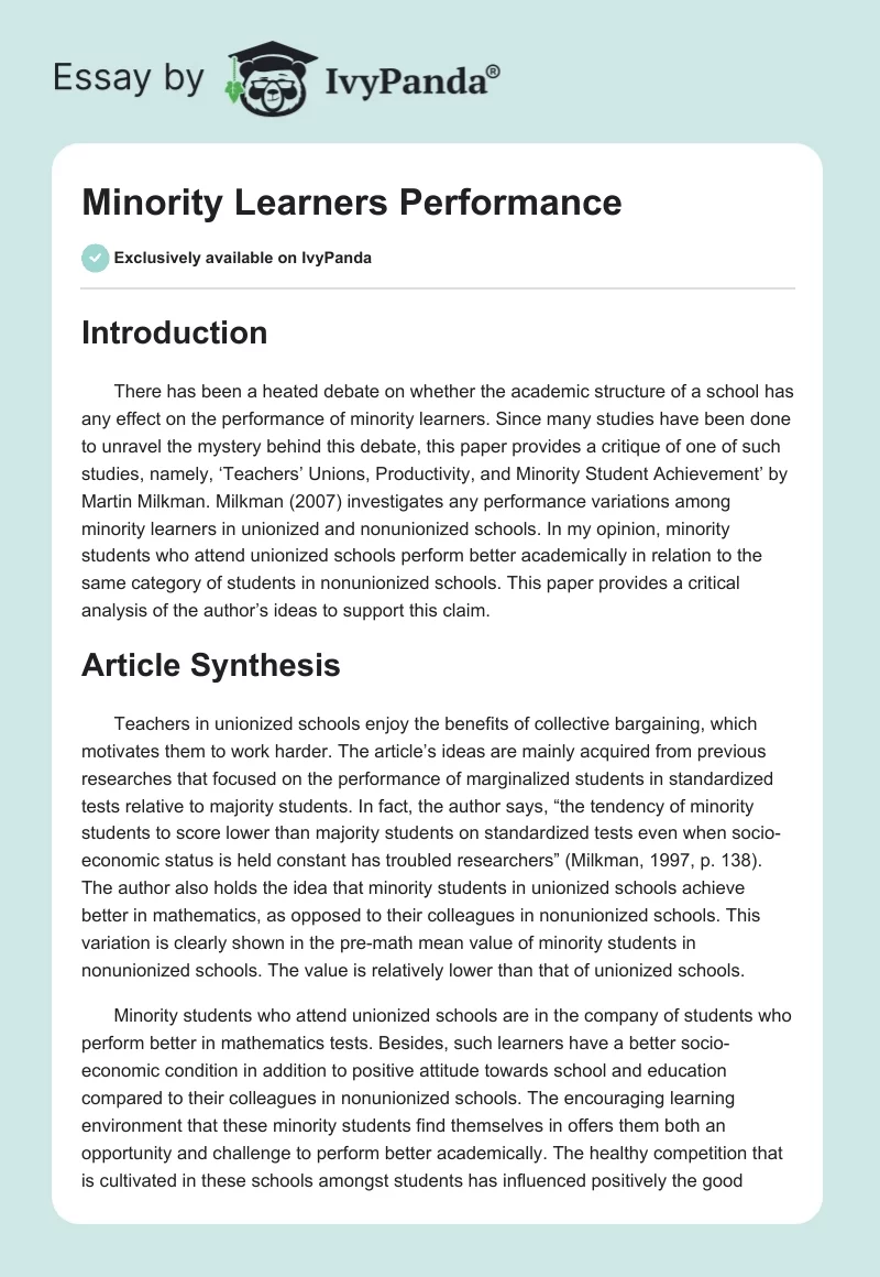 Minority Learners Performance. Page 1
