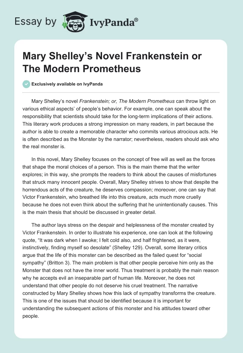 Mary Shelley’s Novel Frankenstein or the Modern Prometheus. Page 1