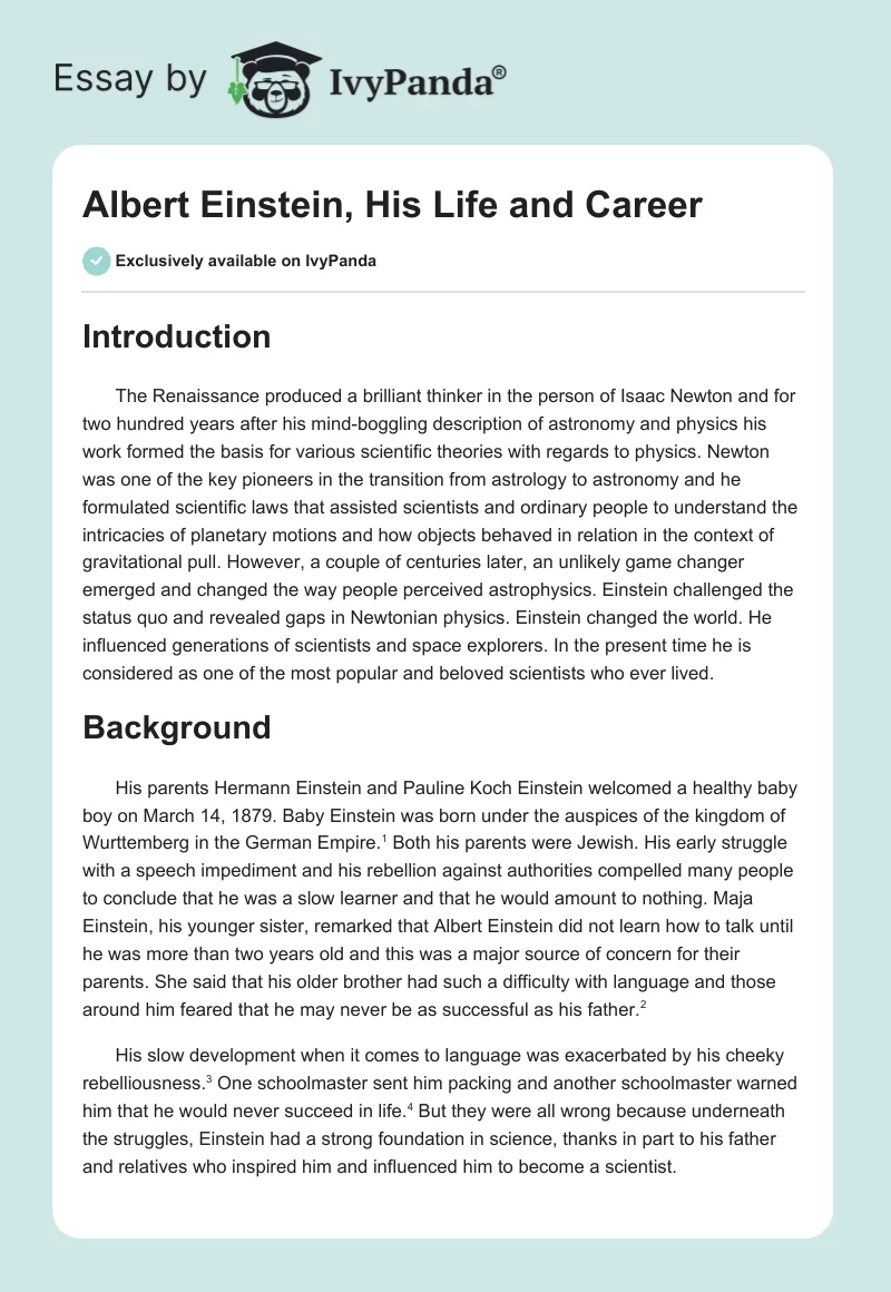 Albert Einstein, His Life and Career. Page 1