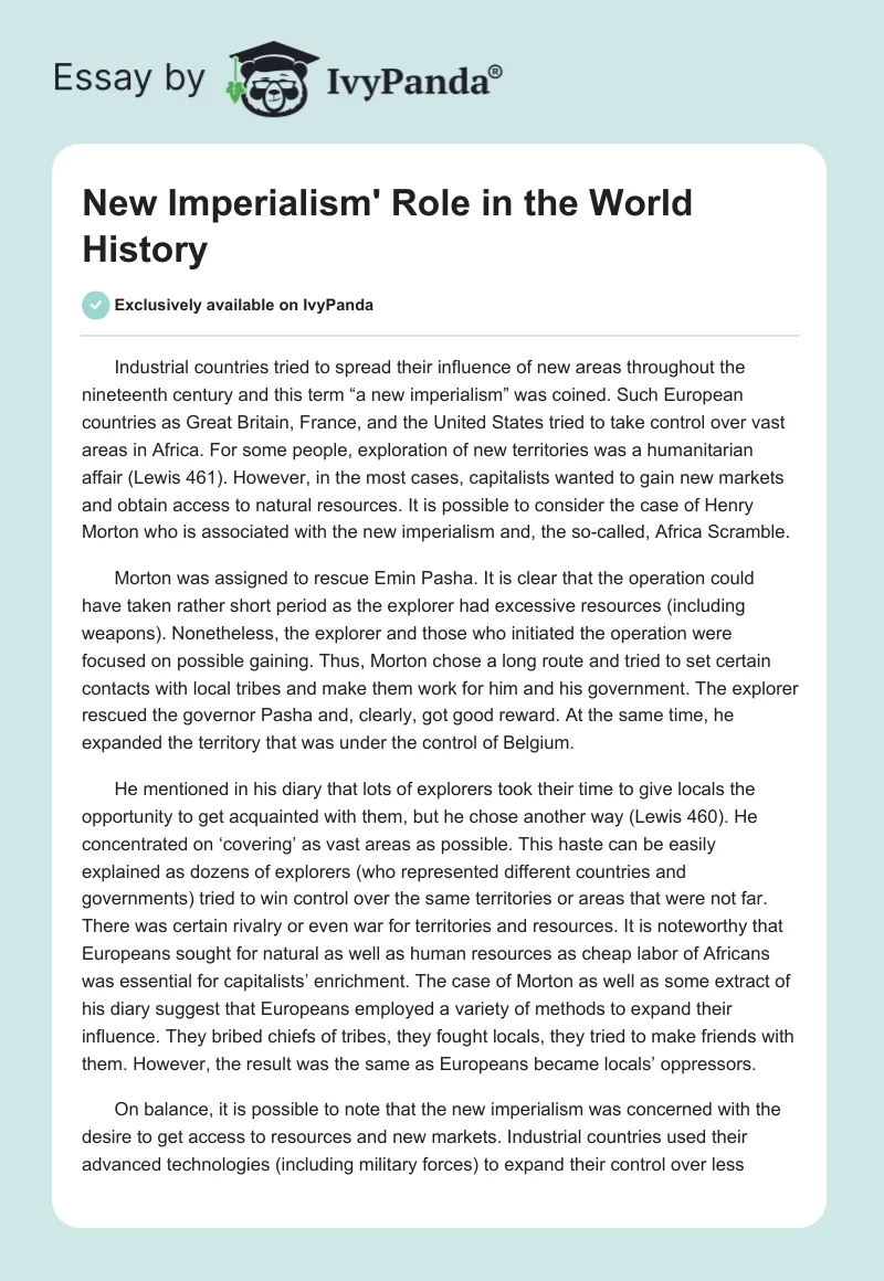 New Imperialism' Role in the World History. Page 1
