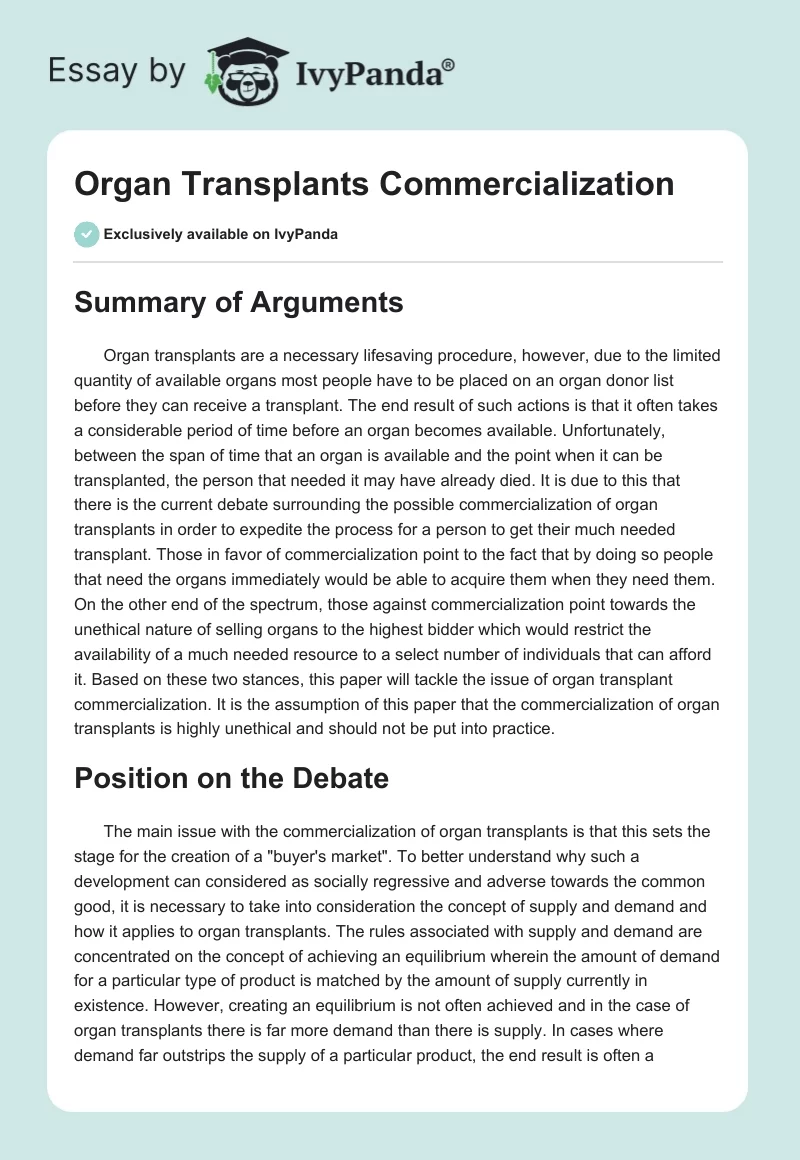 Organ Transplants Commercialization. Page 1