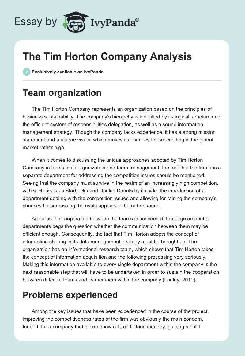 The Tim Horton Company Analysis. Page 1