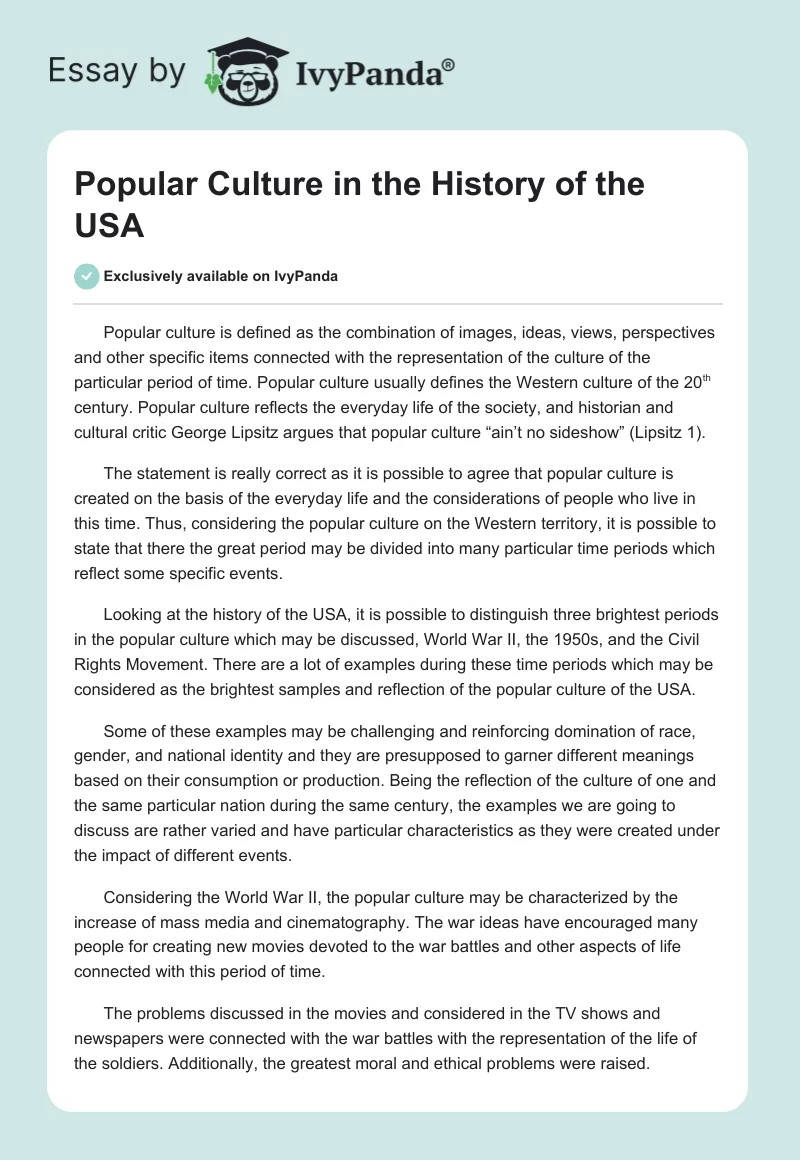 Popular Culture in the History of the USA. Page 1