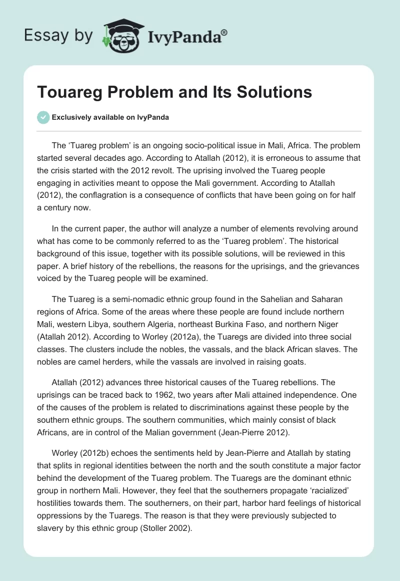 Touareg Problem and Its Solutions. Page 1