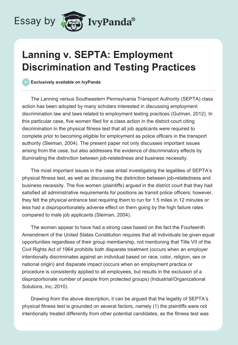 Lanning v. SEPTA: Employment Discrimination and Testing Practices. Page 1