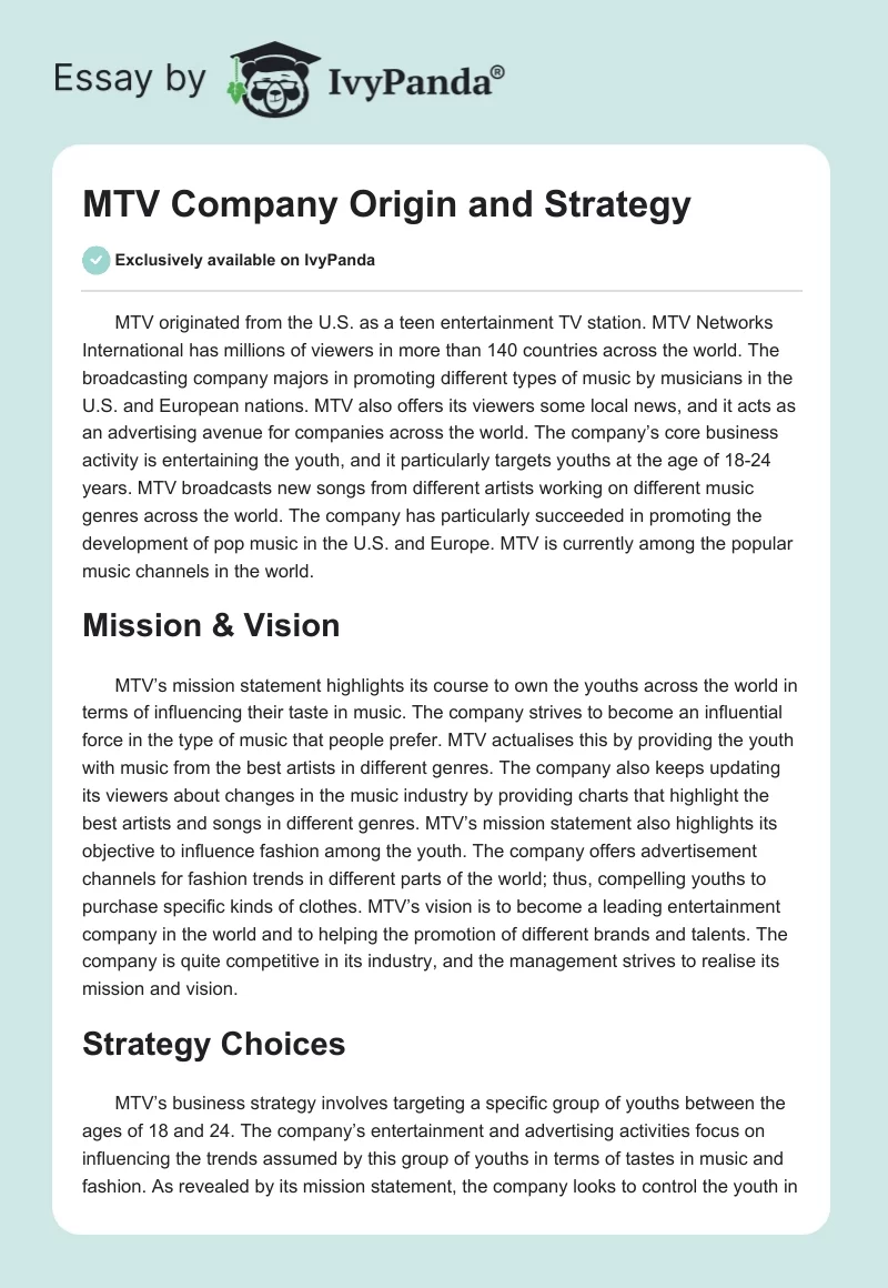 MTV Company Origin and Strategy. Page 1