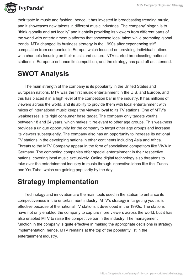 MTV Company Origin and Strategy. Page 2