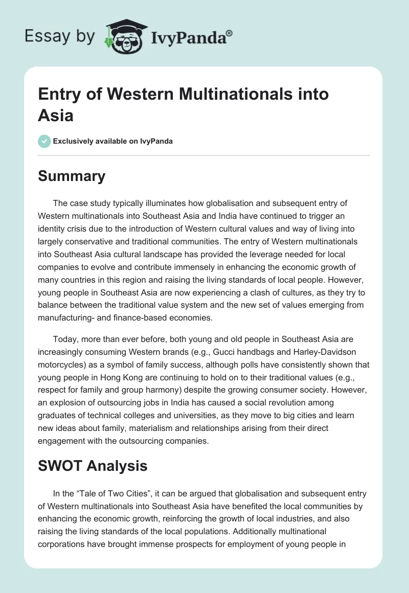 Entry of Western Multinationals into Asia. Page 1