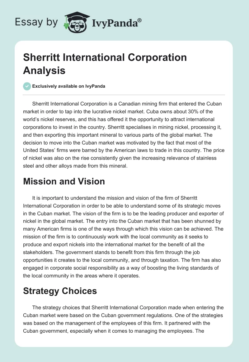 Sherritt International Corporation Analysis. Page 1