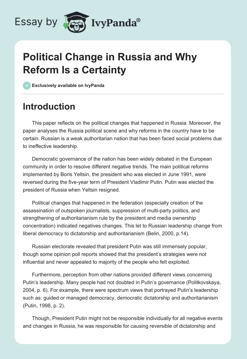 Political Change in Russia and Why Reform Is a Certainty. Page 1