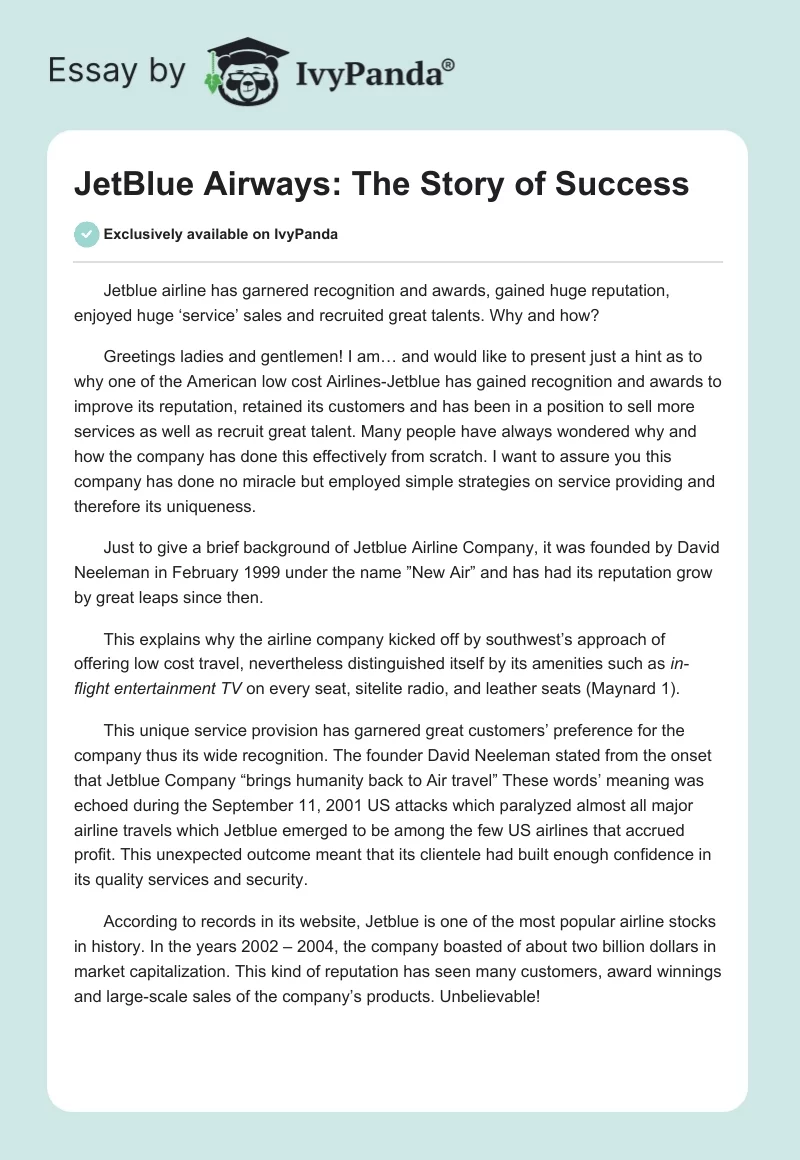 JetBlue Airways: The Story of Success. Page 1