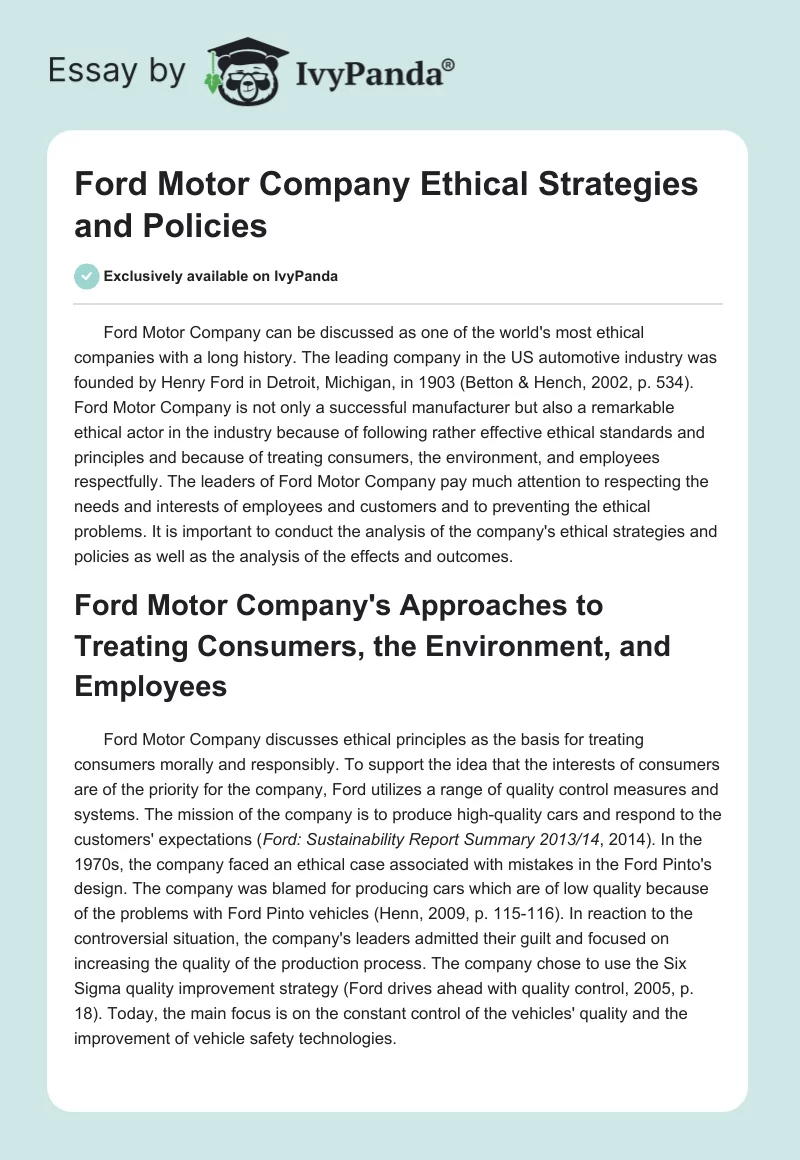 Ford Motor Company Ethical Strategies and Policies. Page 1