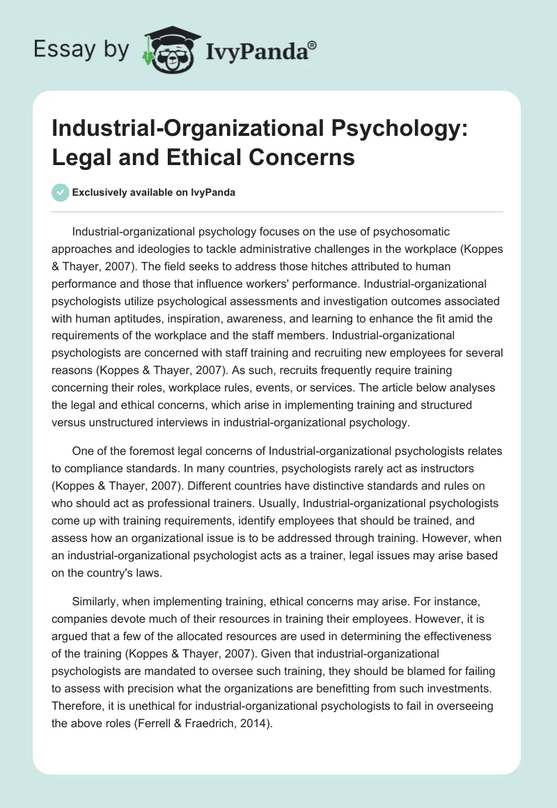Industrial-Organizational Psychology: Legal and Ethical Concerns. Page 1