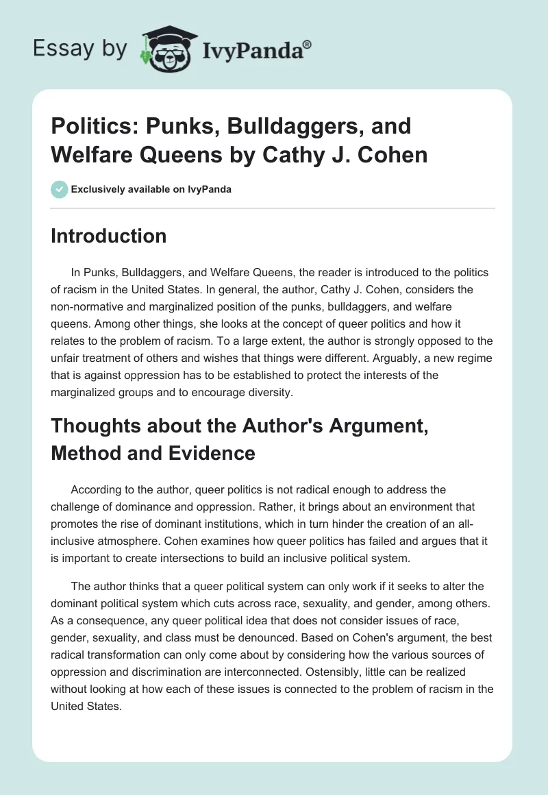 Politics: Punks, Bulldaggers, and Welfare Queens by Cathy J. Cohen. Page 1