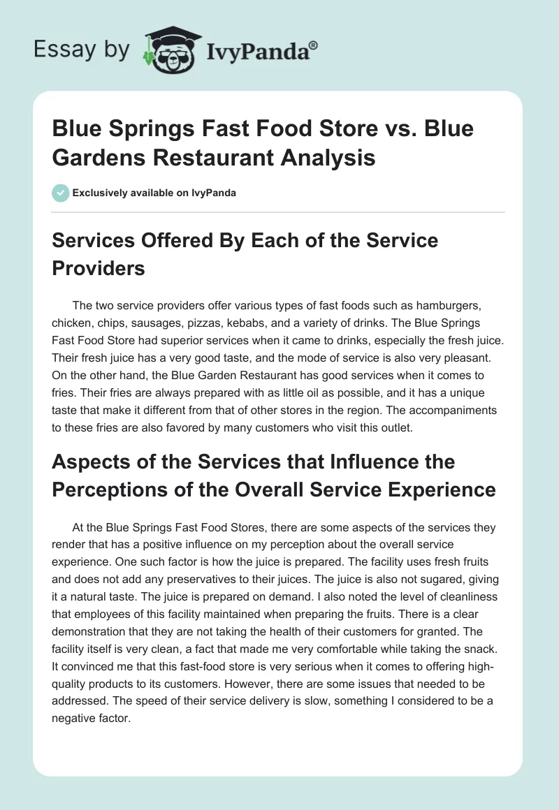 Blue Springs Fast Food Store vs. Blue Gardens Restaurant Analysis. Page 1