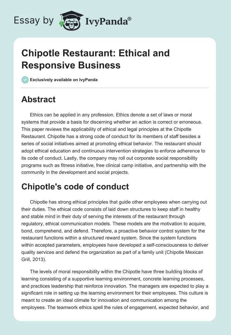 Chipotle Restaurant: Ethical and Responsive Business. Page 1