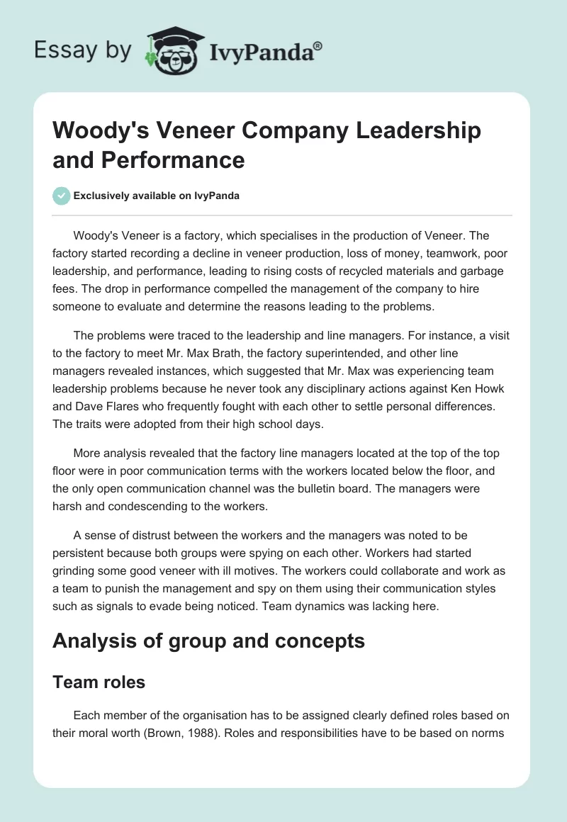 Woody's Veneer Company Leadership and Performance. Page 1