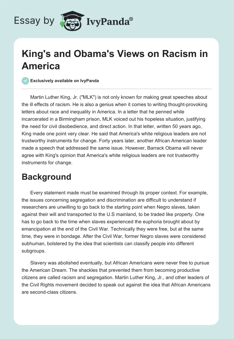 King's and Obama's Views on Racism in America. Page 1