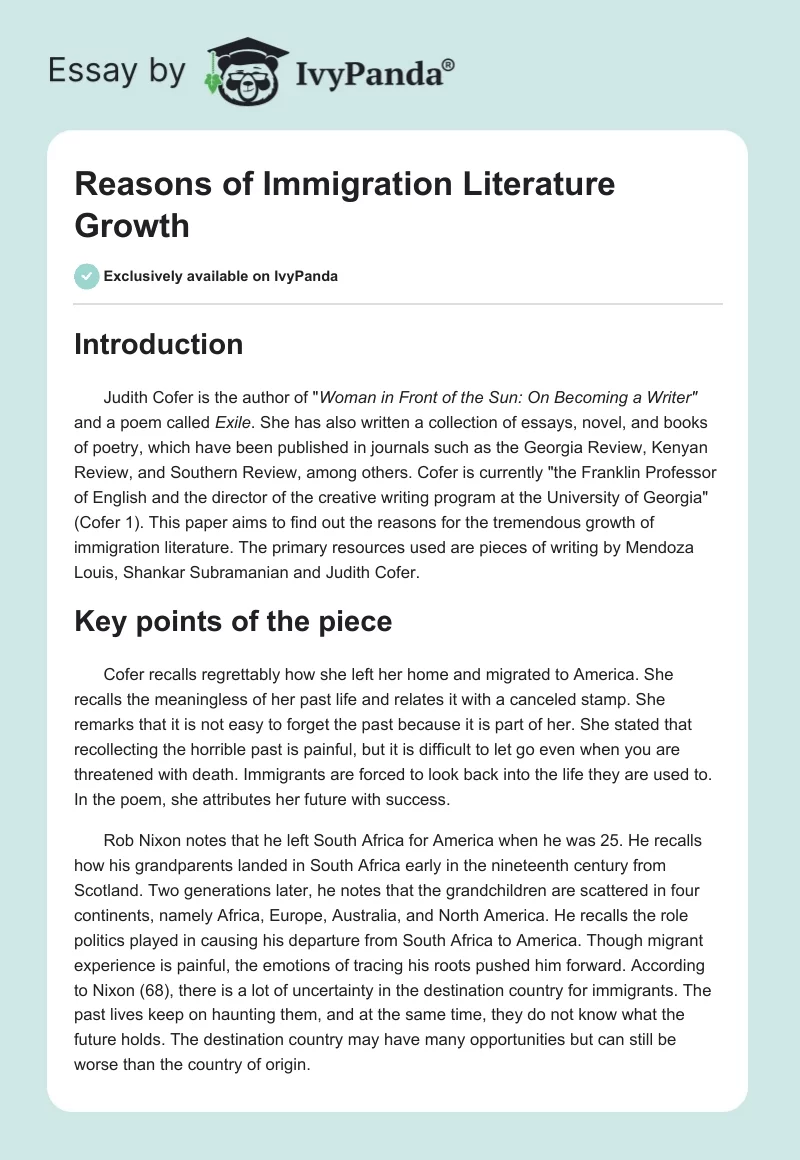 Reasons of Immigration Literature Growth. Page 1