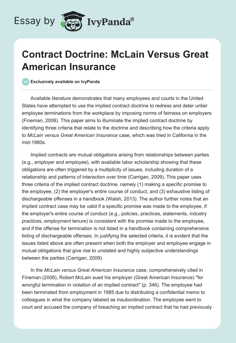 Contract Doctrine: McLain Versus Great American Insurance. Page 1