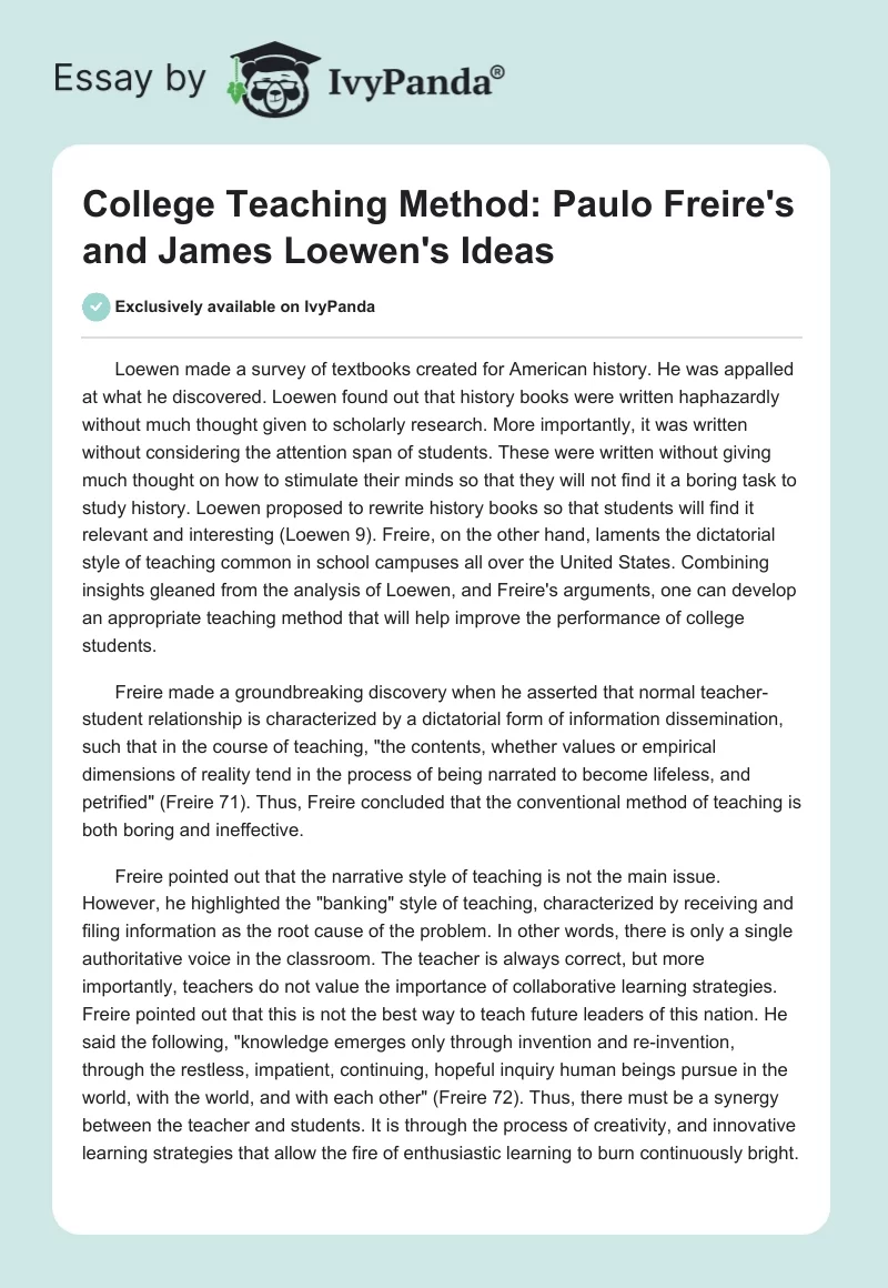 College Teaching Method: Paulo Freire's and James Loewen's Ideas. Page 1