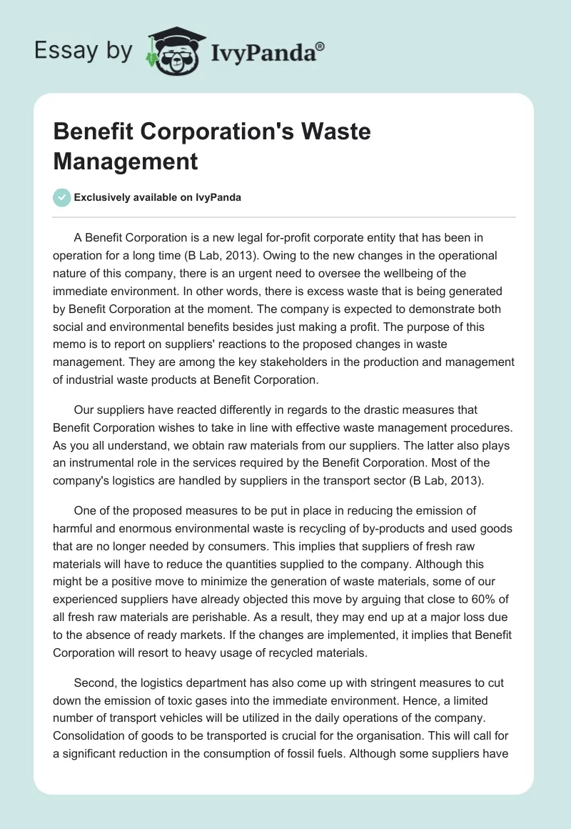 Benefit Corporation's Waste Management. Page 1