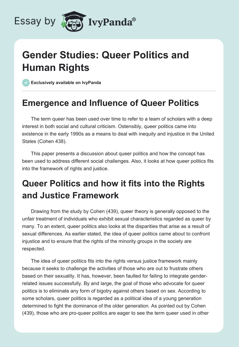 Gender Studies: Queer Politics and Human Rights. Page 1
