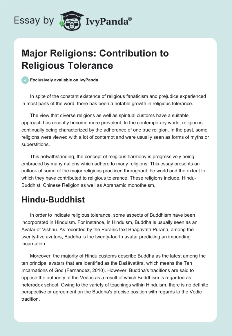 Major Religions: Contribution to Religious Tolerance. Page 1