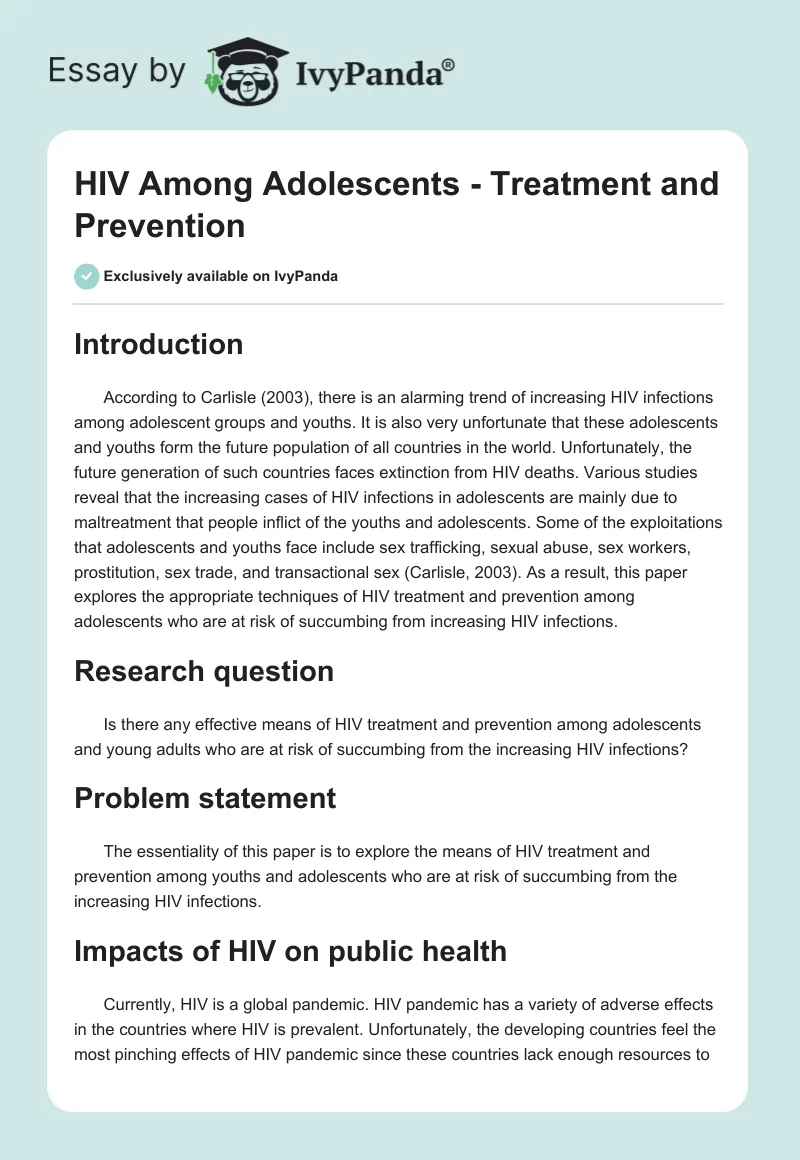 HIV Among Adolescents - Treatment and Prevention. Page 1