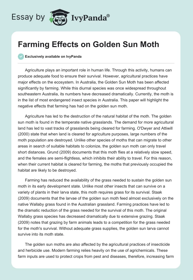 Farming Effects on Golden Sun Moth. Page 1