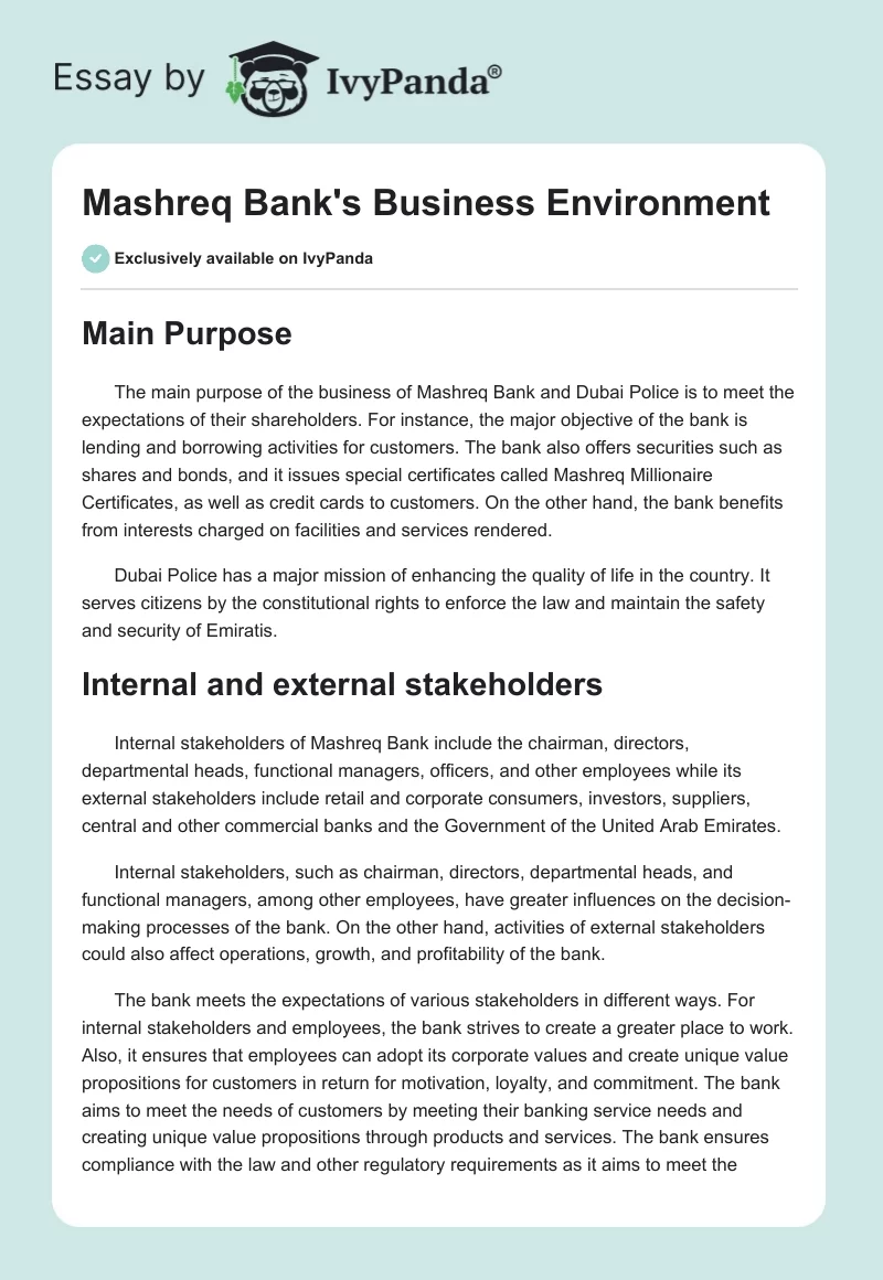 Mashreq Bank's Business Environment. Page 1