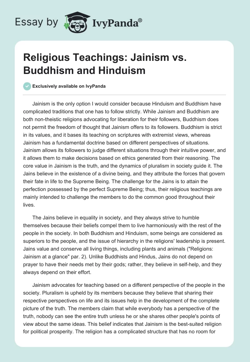 Religious Teachings: Jainism vs. Buddhism and Hinduism. Page 1