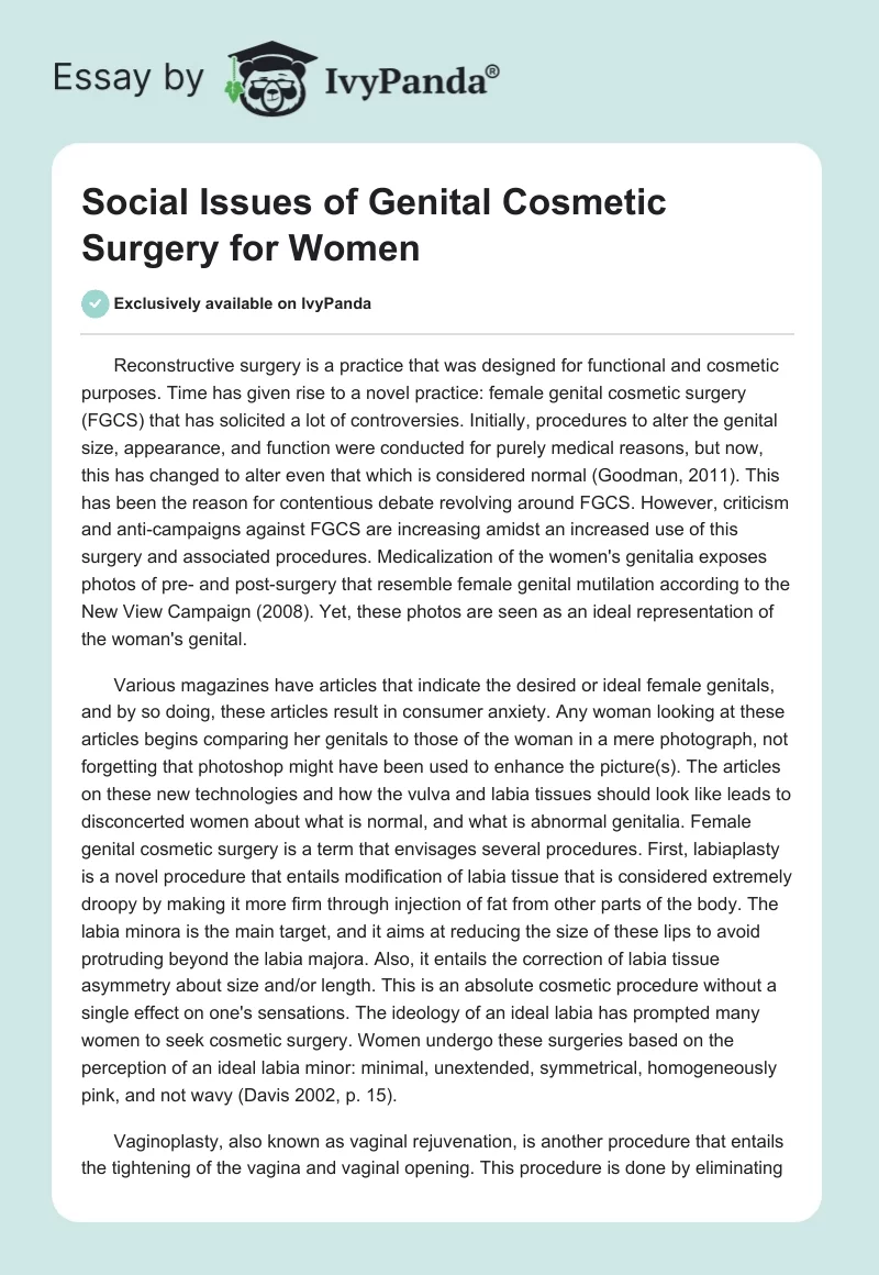 Social Issues of Genital Cosmetic Surgery for Women. Page 1